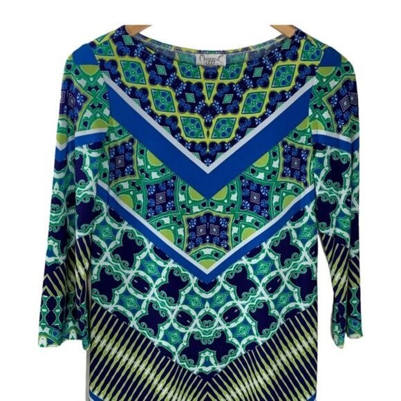 Maggy London Blue Green Geometric Print Sheath Dress Size 4 - Picture 2 of 11
